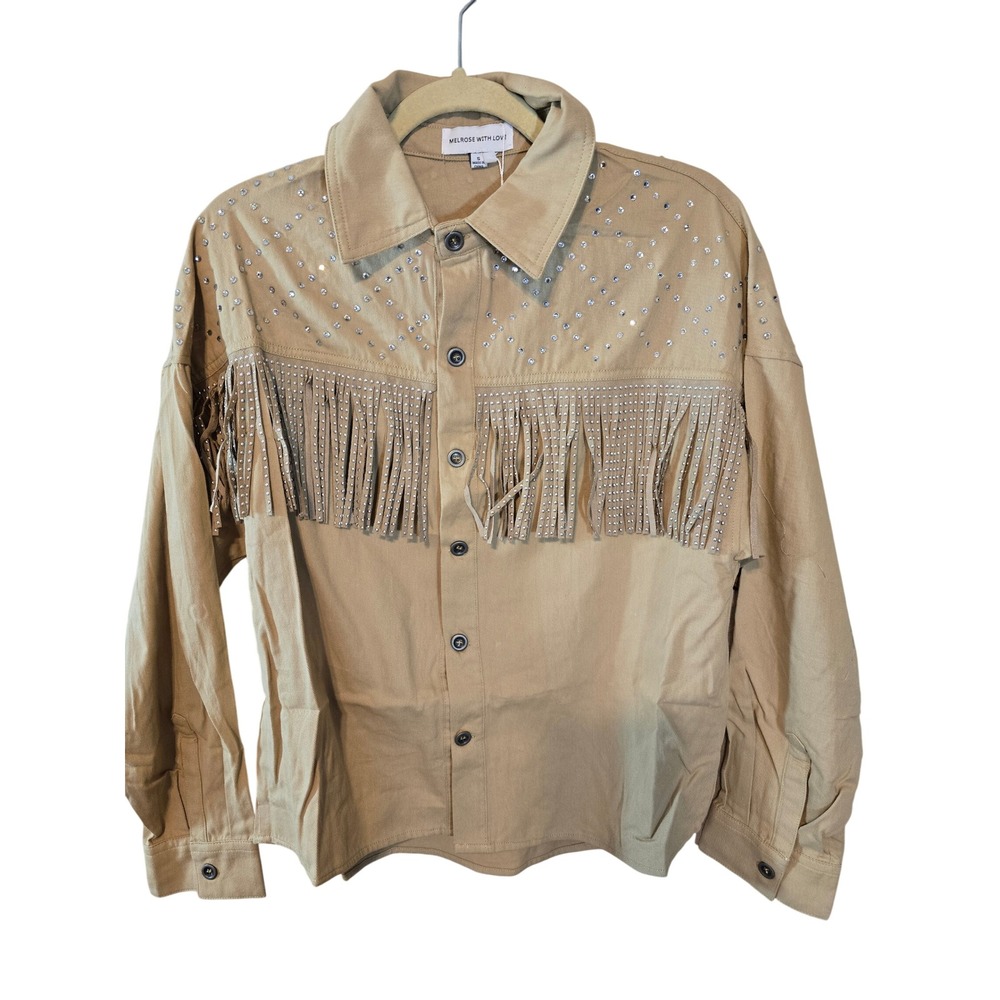 Melrose With Love Tan Western Fringe Rhinestone Button Down Shirt Womens Small